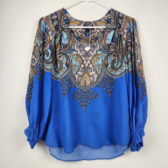 Hale Bob Silk Blue Blouse V Neck Long Sleeve Size Small NWT - Picture 1 of 12